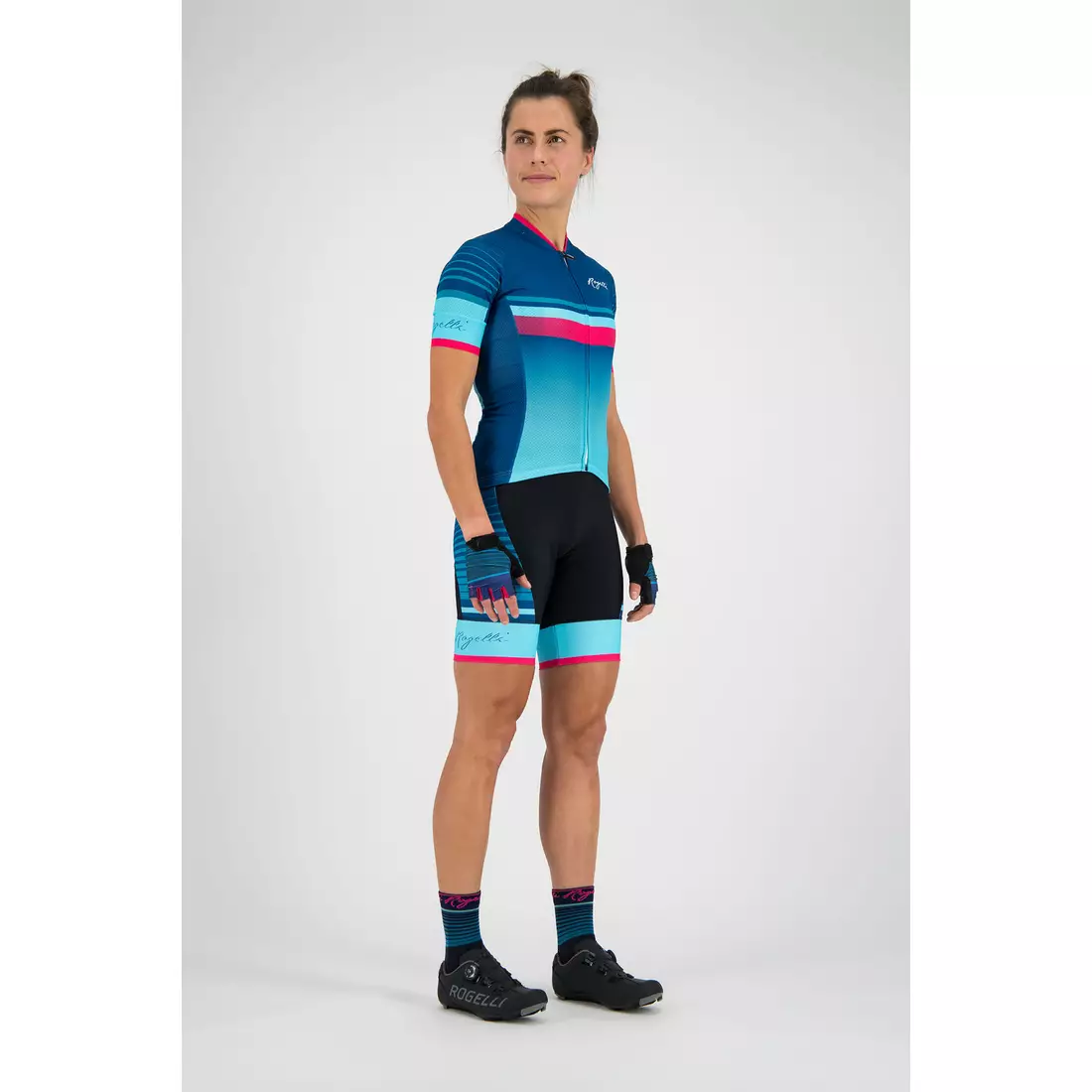 Rogelli Impress 010.287 Női kerékpáros rövidnadrág merevítővel Fekete/kék/rózsaszín
