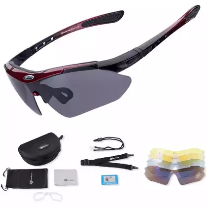 RockBros 10001 Kerékpáros / sport szemüveg, polarizált 5 cserélhető lencse, fekete és piros
