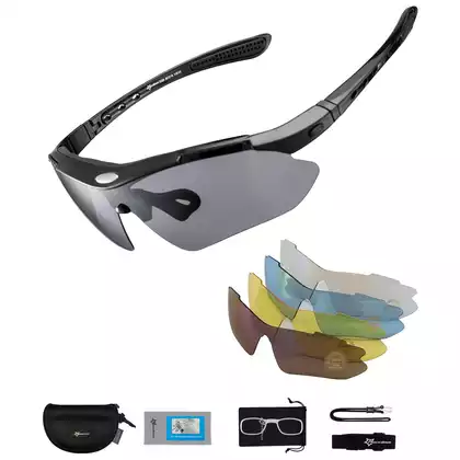 Rockbros 10003 Kerékpáros / sport szemüveg, polarizált 5 cserélhető lencse, fekete