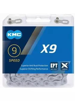 KMC X9 EPT kerékpárlánc 9 sebességes, 114 lengőkaros, ezüst
