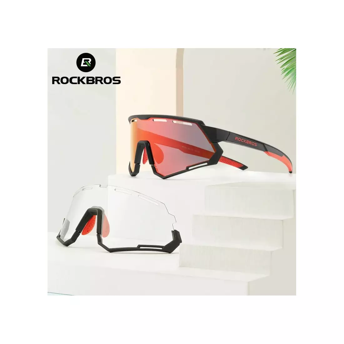 Rockbros 14210004001 Kerékpáros / sport szemüveg, polarizált, fotokróm 2 cserélhető lencse, fekete és piros