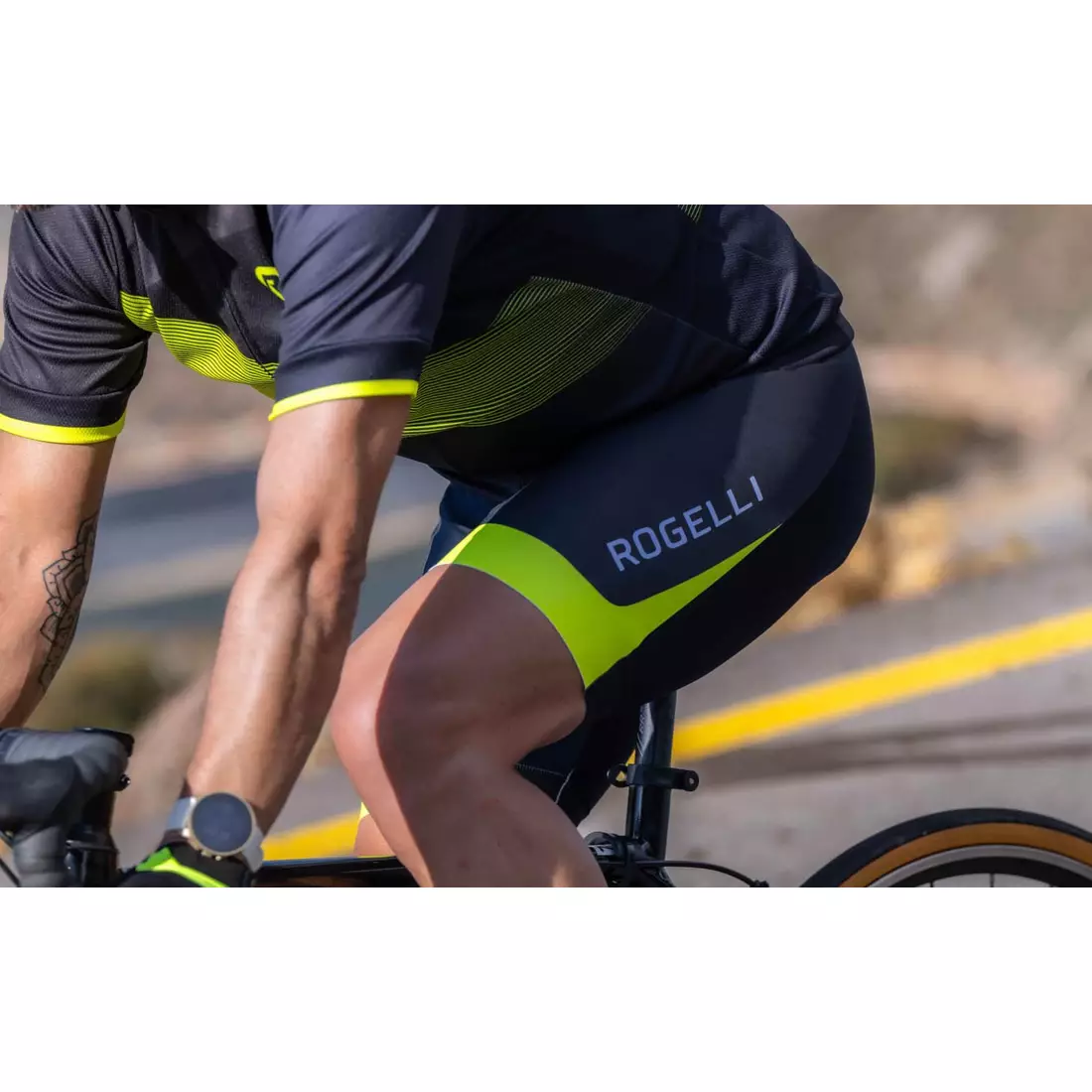 Rogelli FUSE II férfi kerékpáros kantáros rövidnadrág, fekete és sárga