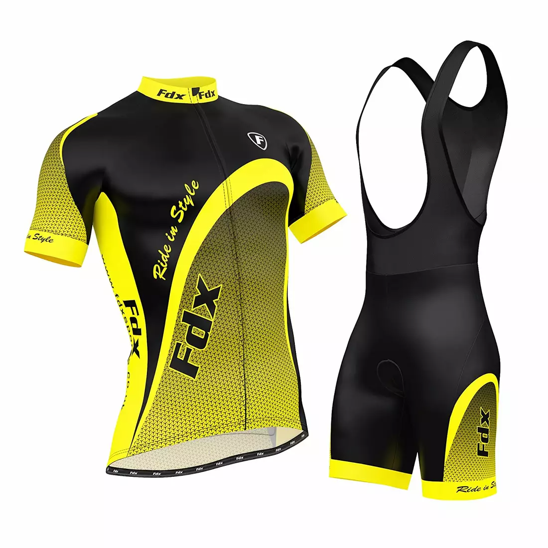 FDX 1010 nyári kerékpáros szett mez + kantáros rövidnadrág fekete és sárga színben
